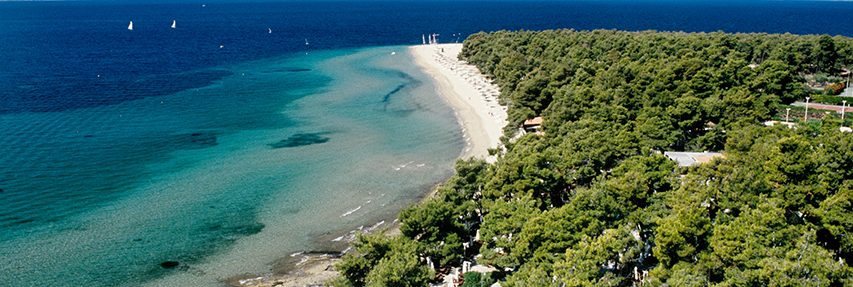 Club Med Gregolimano Greece - Aerial view of the beach with its sailboats